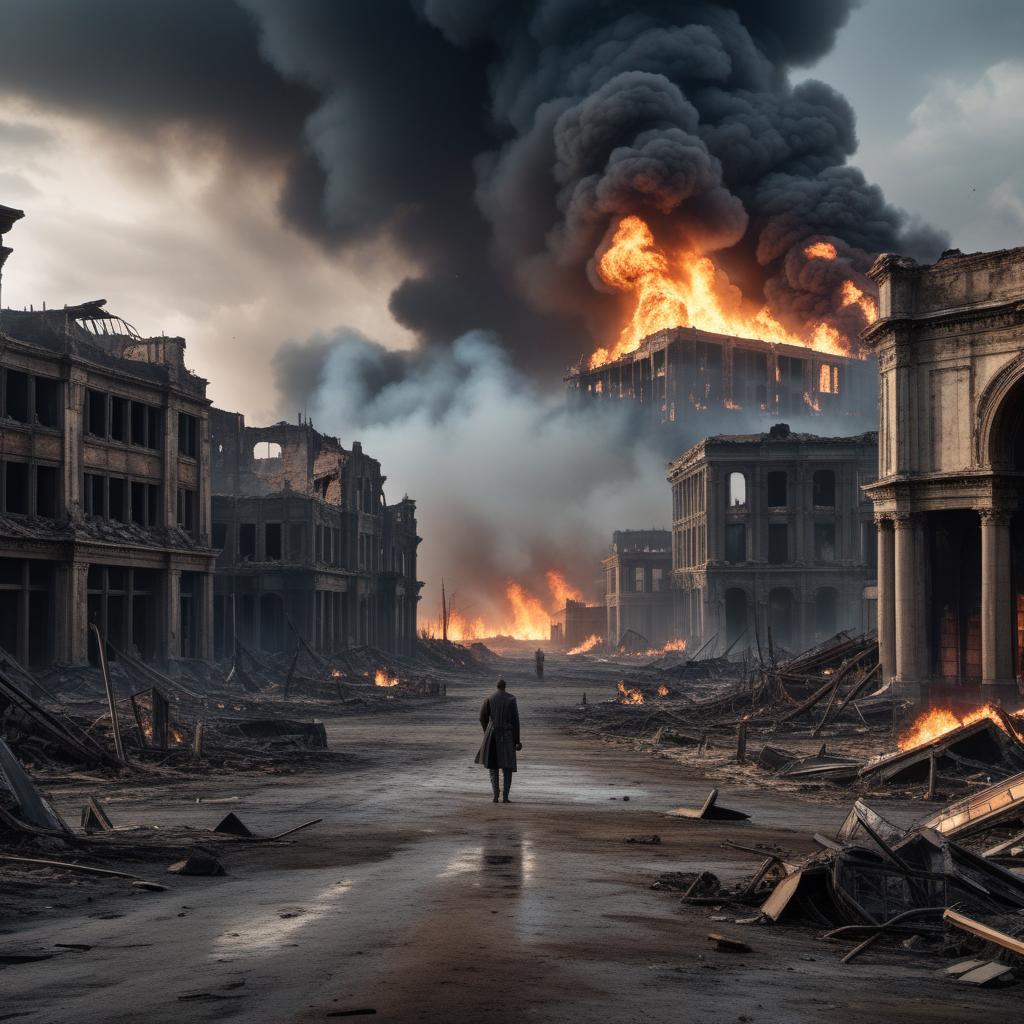  A dystopian scene of world destruction. The sky is filled with dark, ominous clouds, and the landscape is devastated with ruins of buildings, fires burning in the distance, and debris scattered everywhere. The ground is cracked and barren, with signs of abandoned cities and lifelessness. The atmosphere is eerie and bleak, with a sense of despair and chaos dominating the scene. hyperrealistic, full body, detailed clothing, highly detailed, cinematic lighting, stunningly beautiful, intricate, sharp focus, f/1. 8, 85mm, (centered image composition), (professionally color graded), ((bright soft diffused light)), volumetric fog, trending on instagram, trending on tumblr, HDR 4K, 8K