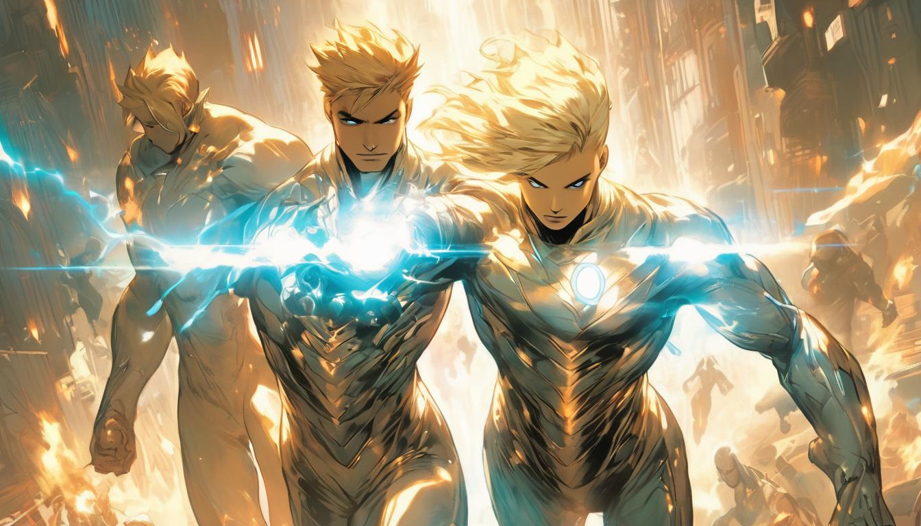  hyperrealism,fantasy aesthetic1man1woman, large busted attractive blonde arian female humanoid and handsome male humanoid, ascending through light pathway, reaching realm of pure radiant light, awe inspiring, high tech clothing clad in sleek, futuristic costume with metallic accents and form fitting designs, marvel superhero comics style, unreal engine rendering