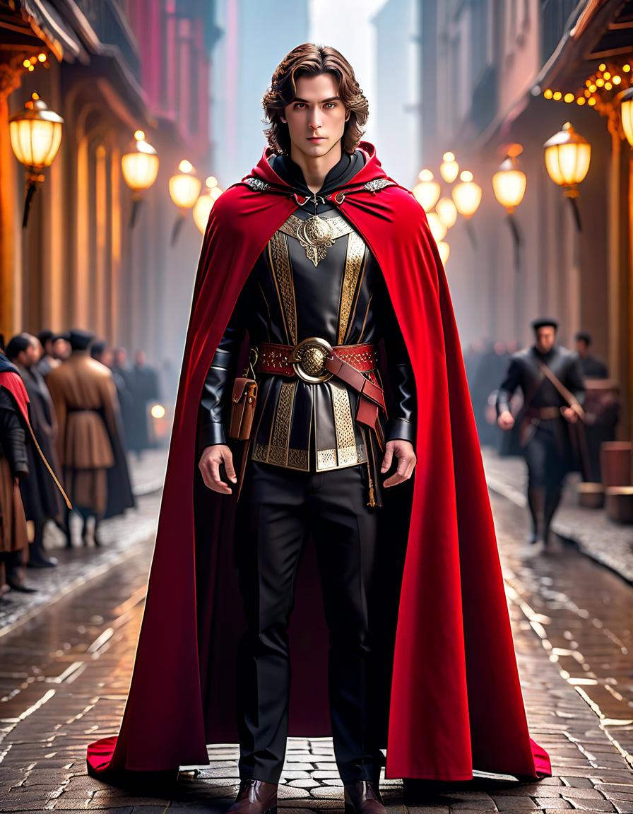  cinematic photo A tall man, with brown hair and dark eyes. He is wearing a red cloak with a belt around the waist. A black chestguard made of metal plates. His pants are black. . 35mm photograph, film, bokeh, professional, 4k, highly detailed hyperrealistic, full body, detailed clothing, highly detailed, cinematic lighting, stunningly beautiful, intricate, sharp focus, f/1. 8, 85mm, (centered image composition), (professionally color graded), ((bright soft diffused light)), volumetric fog, trending on instagram, trending on tumblr, HDR 4K, 8K