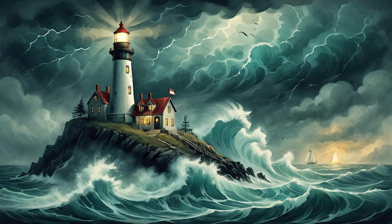  on parchment, surrealism+++, A lighthouse on a cliffside in the dark, guiding ships amidst a raging storm, waves crashing violently below, beacon of hope, steadfast, enduring(mysterious, provocative, symbolic,muted color)+++