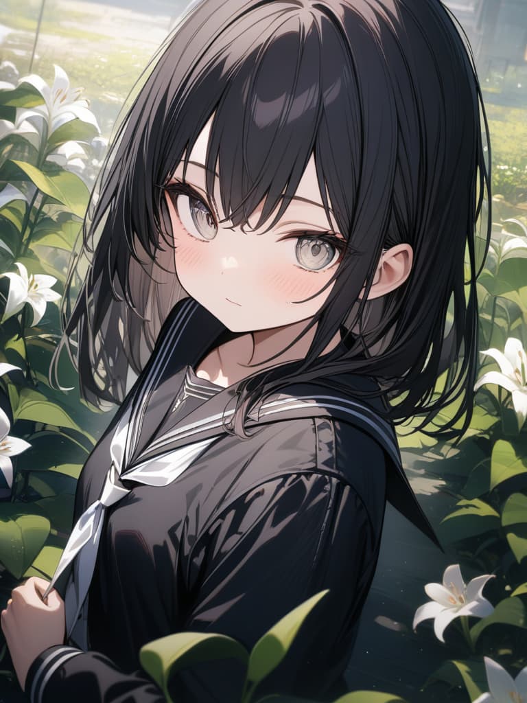  Cute, , young face, big eyes, big s, black hair, straight hair, white eyes, uniform, , medium, black clothes, lily, black sailor suit, masterpiece, best quality,8k,ultra detailed,high resolution,an extremely delicate and beautiful,hyper detail