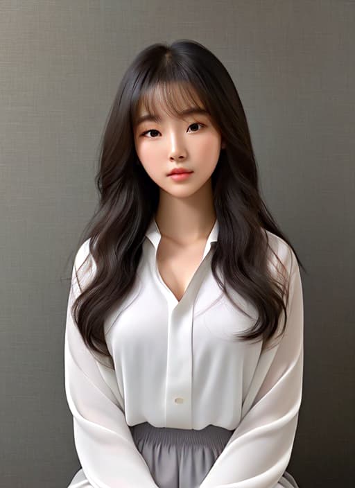  masterpiece, best quality, A Korean girl with a layered perm hairstyle, showcasing her long and vibrant locks, sits in front of a soft, light gray background. Her features are elegantly displayed from the front view, with a subtle focus on the intricate details of her perm and the delightful texture of her hair. Her soft, calm facial features convey a sense of quiet contemplation, with a slight hint of a relaxed and peaceful demeanor. Her skin tone is smooth and even, with a subtle sheen from the soft lighting. The overall mood is one of serenity and tranquility, inviting the viewer to step into her peaceful world. She wears a white shirt.