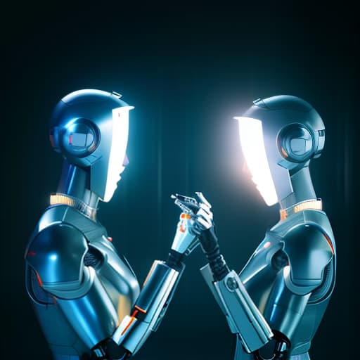  A man robot and a woman robot in gray metallic suits, standing and looking at each other, lit by an orange light, in a cyberpunk style, futuristic style, with a dark background. hyperrealistic, full body, detailed clothing, highly detailed, cinematic lighting, stunningly beautiful, intricate, sharp focus, f/1. 8, 85mm, (centered image composition), (professionally color graded), ((bright soft diffused light)), volumetric fog, trending on instagram, trending on tumblr, HDR 4K, 8K