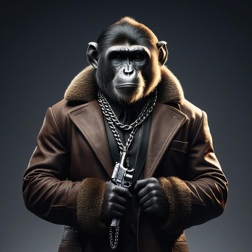  A monkey, a gangster boss, grow up , with a chain around his neck, a brutal hangs, in his hand he can hold a pistol, a cool pose. hyperrealistic, full body, detailed clothing, highly detailed, cinematic lighting, stunningly beautiful, intricate, sharp focus, f/1. 8, 85mm, (centered image composition), (professionally color graded), ((bright soft diffused light)), volumetric fog, trending on instagram, trending on tumblr, HDR 4K, 8K