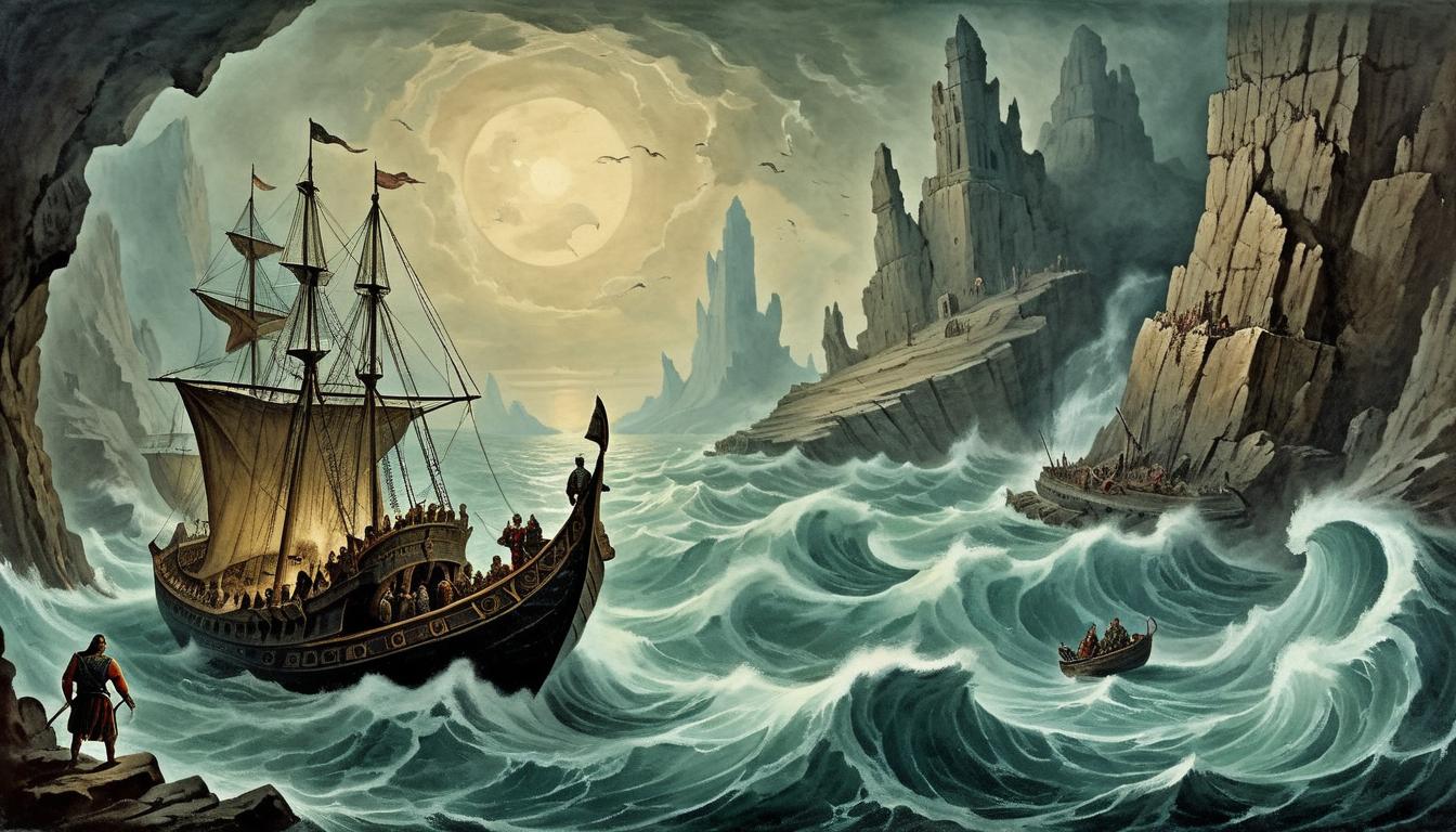  on parchment, surrealism+++, Odysseus navigating his ship through narrow, treacherous straits, rocks and whirlpools, looming monsters in the background, perilous, suspenseful, dramatic(mysterious, provocative, symbolic,muted color)+++