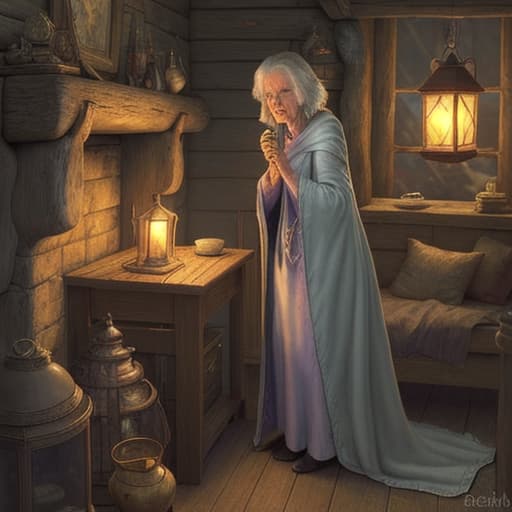  80's fantasy art, An elderly woman, with sharp intelligent eyes, wearing plain but mystical robes. She stands in a quaint, cozy cottage filled with herbs, potions, and magical artifacts. The room is dimly lit by lantern light, and there is a warm, inviting fireplace. She is examining a strange dark cloth and some residue, which are laid out on a wooden table before her.