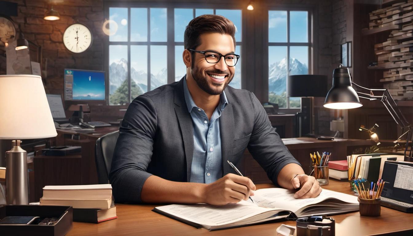  digital illustration, 1man, sitting at a desk with a satisfied smile, room filled with symbols of success, warm lighting, confident, fulfilled, virtuous cycle, looking at viewer, dynamic pose, (intricate details, masterpiece, best quality)