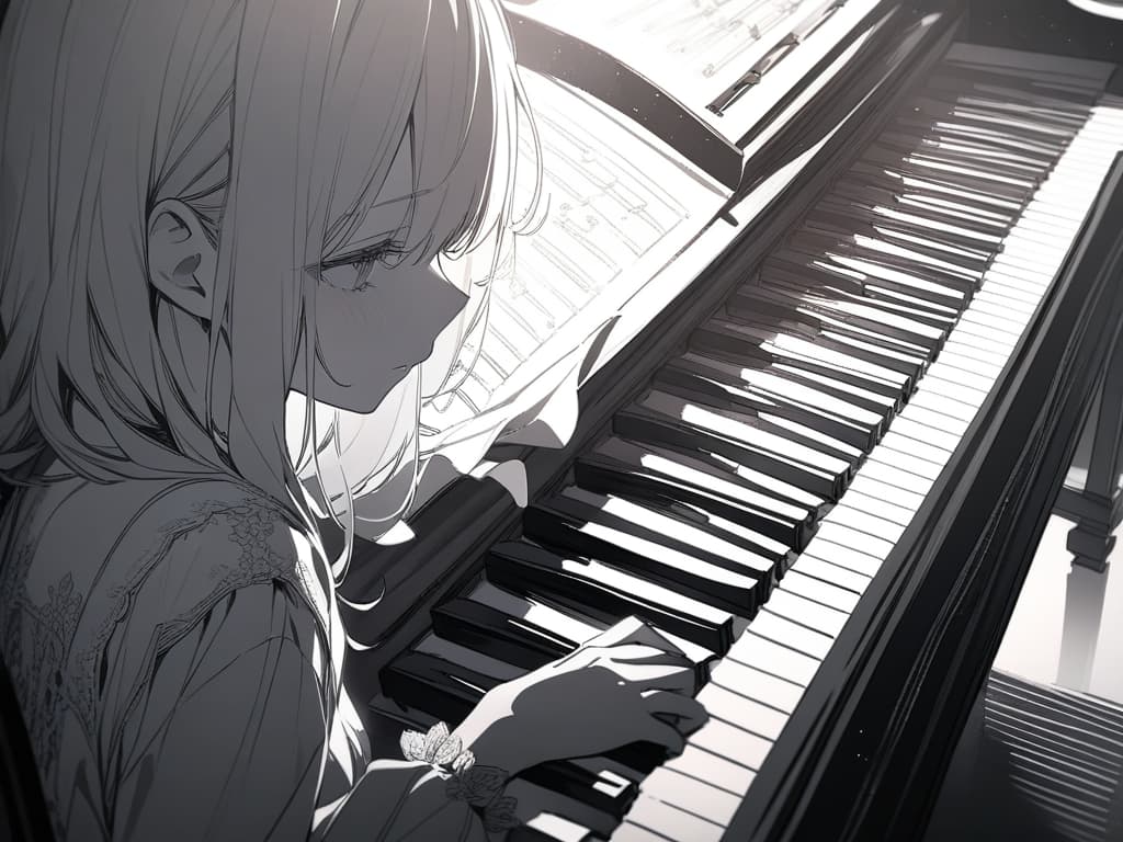  Monochrome, girl, cute, profile, piano, nothing, dress, masterpiece, best quality,8k,ultra detailed,high resolution,an extremely delicate and beautiful,hyper detail