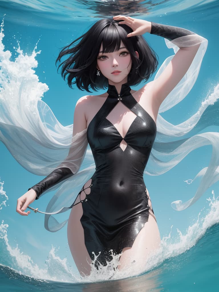  Black hair bob, in the sea, masterpiece, best quality,8k,ultra detailed,high resolution,an extremely delicate and beautiful,hyper detail