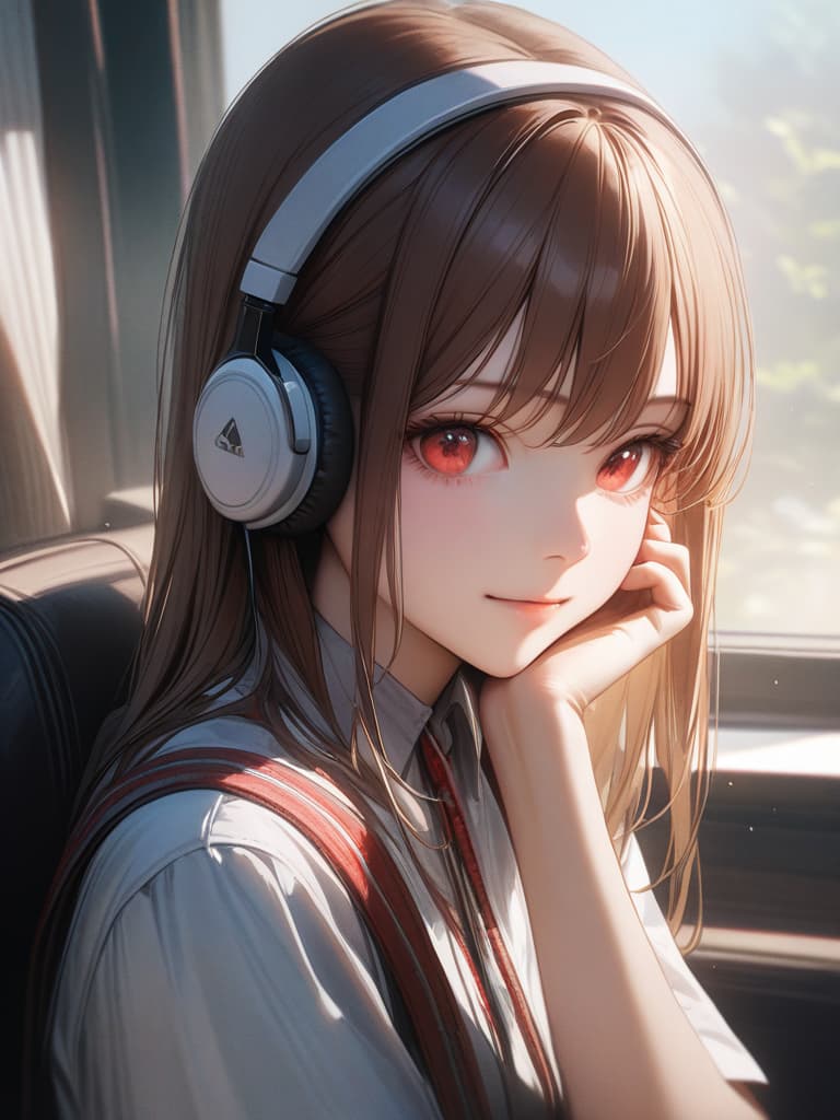  1,1, hair,side tail hair,red eyes,headphone,summer uniform,light smile,realistic, masterpiece, best quality,8k,ultra detailed,high resolution,an extremely delicate and beautiful,hyper detail