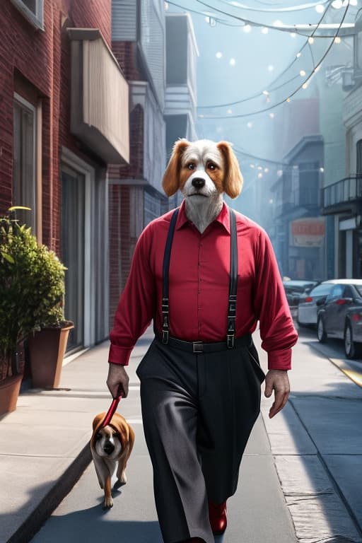  Old man with suspenders walking dog down the sidewalk of an upscale suburban neighborhood. The dog is an adorable white Shih Tzu with drooping black ears and a red collar. Main colors are white black and red. Make the old man and the dog the most prominent features of your drawing hyperrealistic, full body, detailed clothing, highly detailed, cinematic lighting, stunningly beautiful, intricate, sharp focus, f/1. 8, 85mm, (centered image composition), (professionally color graded), ((bright soft diffused light)), volumetric fog, trending on instagram, trending on tumblr, HDR 4K, 8K
