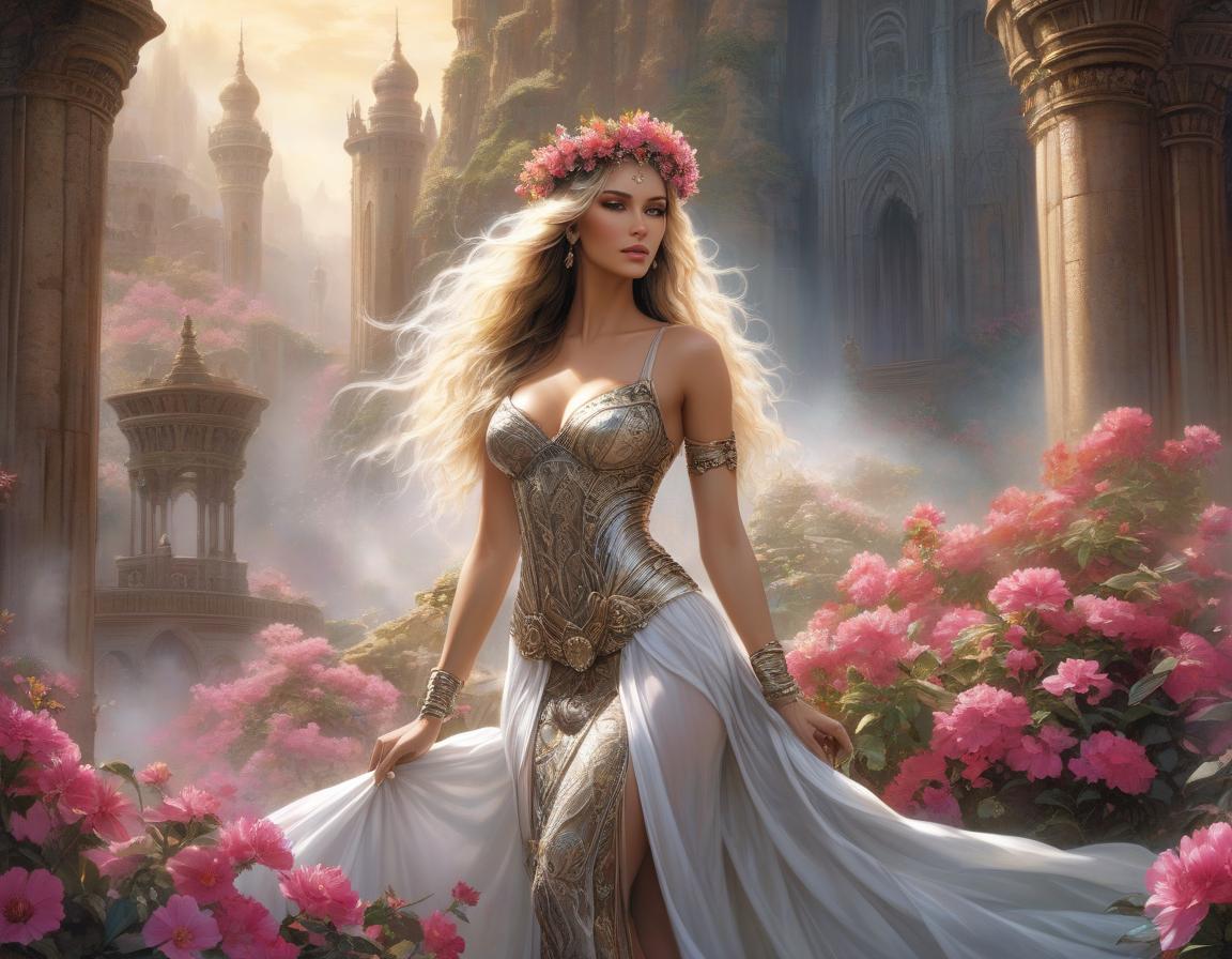  concept art A woman with a floral crown and long wavy hair gazes away, set against a fantastic al castle and lush, blooming flowers. Envision a work of art where fantasy and reality blur—a woman stands enshrouded in a tapestry of vivid blossoms, her hair a cascade of elaborate floral designs. She dons a dress of futuristic elegance against a backdrop that whispers of the surreal, all captured in the distinctive style of Luis Royo. This digital masterpiece comes alive with brilliant hues and otherworldly illumination, creating a dreamy realm where every ornate detail contributes to an imaginative tableau . digital artwork, illustrative, painterly, matte painting, highly detailed hyperrealistic, full body, detailed clothing, highly detailed, cinematic lighting, stunningly beautiful, intricate, sharp focus, f/1. 8, 85mm, (centered image composition), (professionally color graded), ((bright soft diffused light)), volumetric fog, trending on instagram, trending on tumblr, HDR 4K, 8K