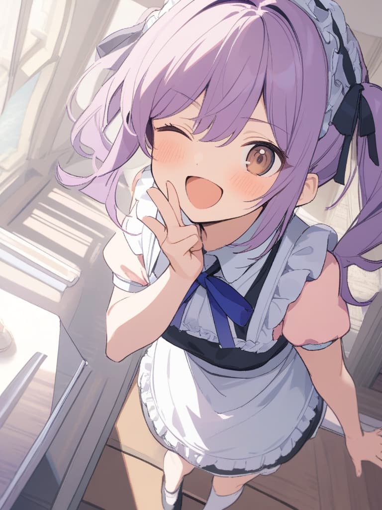  magnificent view,{{{ make heart symbol with fingers,make heart symbol with index fingers and middle fingers}}},{{maid ,solo,}},[[leaning forward]],{purple hair,twintails,short hair},{{brown eyes,one eye closed,surprised,smile}},{maid clothes,pink clothes,blue big ribbon on clothes,mini ,small s,frill },{{character focus,cowboy shot}},ilration,lawn square garden,outside mansion,,best quality,amazing quality,very aesthetic,absurdres, masterpiece, best quality,8k,ultra detailed,high resolution,an extremely delicate and beautiful,hyper detail