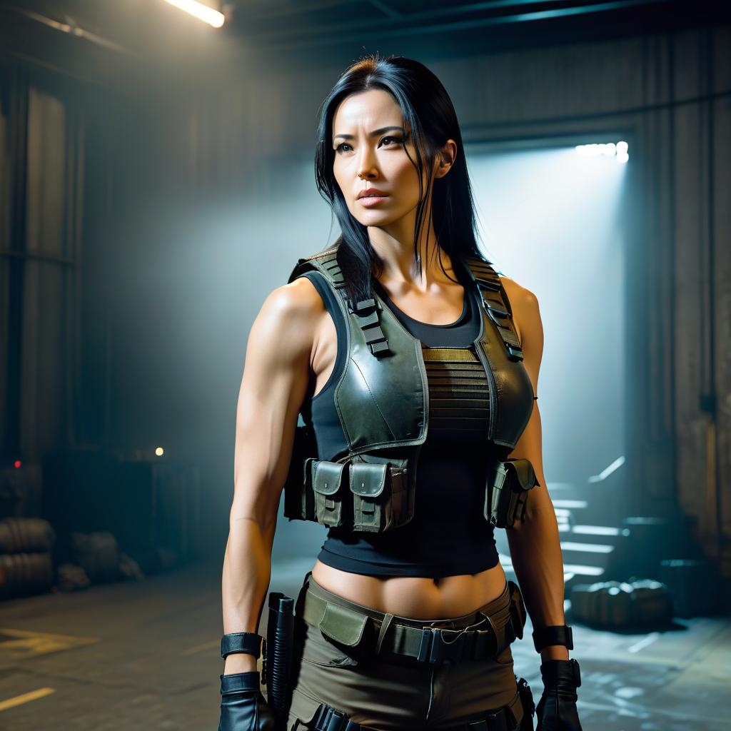  Girl with scars on face. She's wearing a black tank top with armor vest on top, tactical gear. Long dark hair. Specifity of the half life 2 world., FILM PHOTOGRAPHY STYLE hyperrealistic, full body, detailed clothing, highly detailed, cinematic lighting, stunningly beautiful, intricate, sharp focus, f/1. 8, 85mm, (centered image composition), (professionally color graded), ((bright soft diffused light)), volumetric fog, trending on instagram, trending on tumblr, HDR 4K, 8K