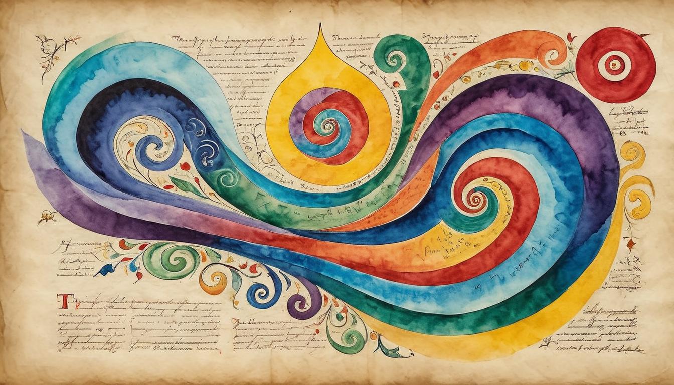  on parchment, surrealism+++, Person vividly imagining goals, swirl of bright colors merging into a singular path, focused determination, aura of accomplishment, dynamic and inspired(mysterious, provocative, symbolic,muted color)+++