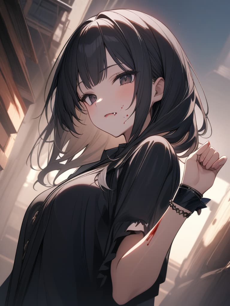  ultra detailed:1.2,masterpiece:1.2,best quality,masterpiece,bestquality,hdr:1.1,8k:1.1,very cute girl:1.3,black hair:1.3,long hair:1.3,hime cut hair:1.3,black eyes ,fang:1.4,(byte wrist:1.6),(blood drips from the lips:1.5),black kimono:1.5,face focus:1.4,(Dutch angle:1.4), masterpiece, best quality,8k,ultra detailed,high resolution,an extremely delicate and beautiful,hyper detail