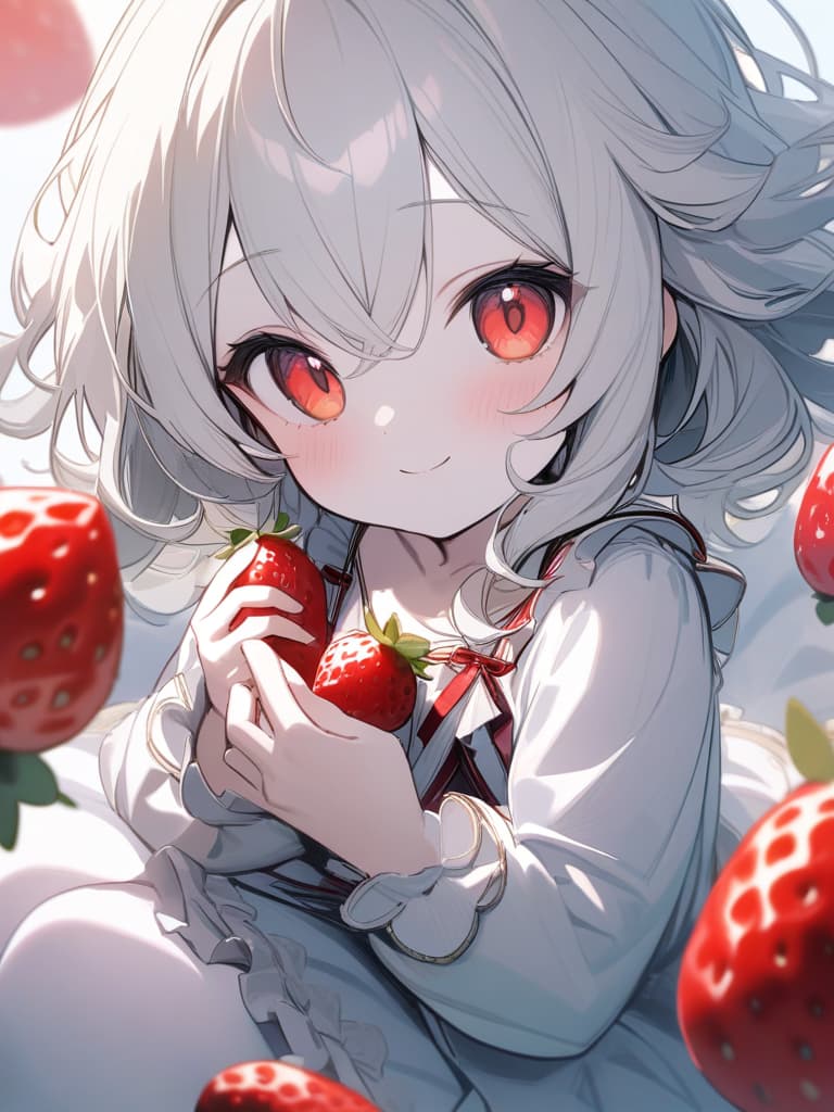  Cute, girl, big eyes, white skin, young face, thin body, white hair color, bright red eyes, fluffy hair, exposure, strawberry, smiles, red and white clothes, dress, frill dress., masterpiece, best quality,8k,ultra detailed,high resolution,an extremely delicate and beautiful,hyper detail