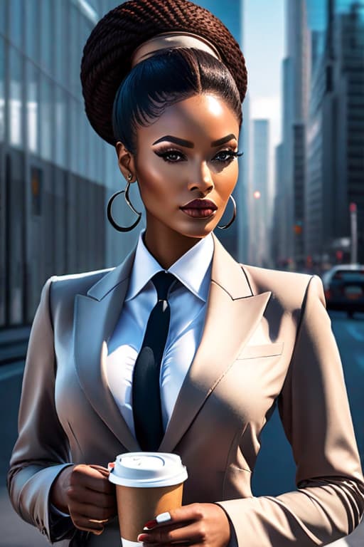  2 Very Beautiful African Women in business suits with determined looks with a cup of coffee in their hands, realistic image hyperrealistic, full body, detailed clothing, highly detailed, cinematic lighting, stunningly beautiful, intricate, sharp focus, f/1. 8, 85mm, (centered image composition), (professionally color graded), ((bright soft diffused light)), volumetric fog, trending on instagram, trending on tumblr, HDR 4K, 8K