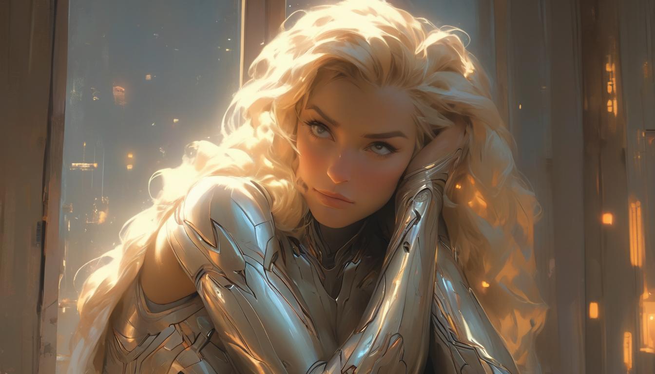  hyperrealism,fantasy aesthetic1woman, large busted attractive blonde arian female humanoid, hugging herself, teary eyes, soft lighting, cozy indoor setting, open window showing stars, mood of gentle self compassion, high tech clothing clad in sleek, futuristic costume with metallic accents and form fitting designs, marvel superhero comics style, unreal engine rendering