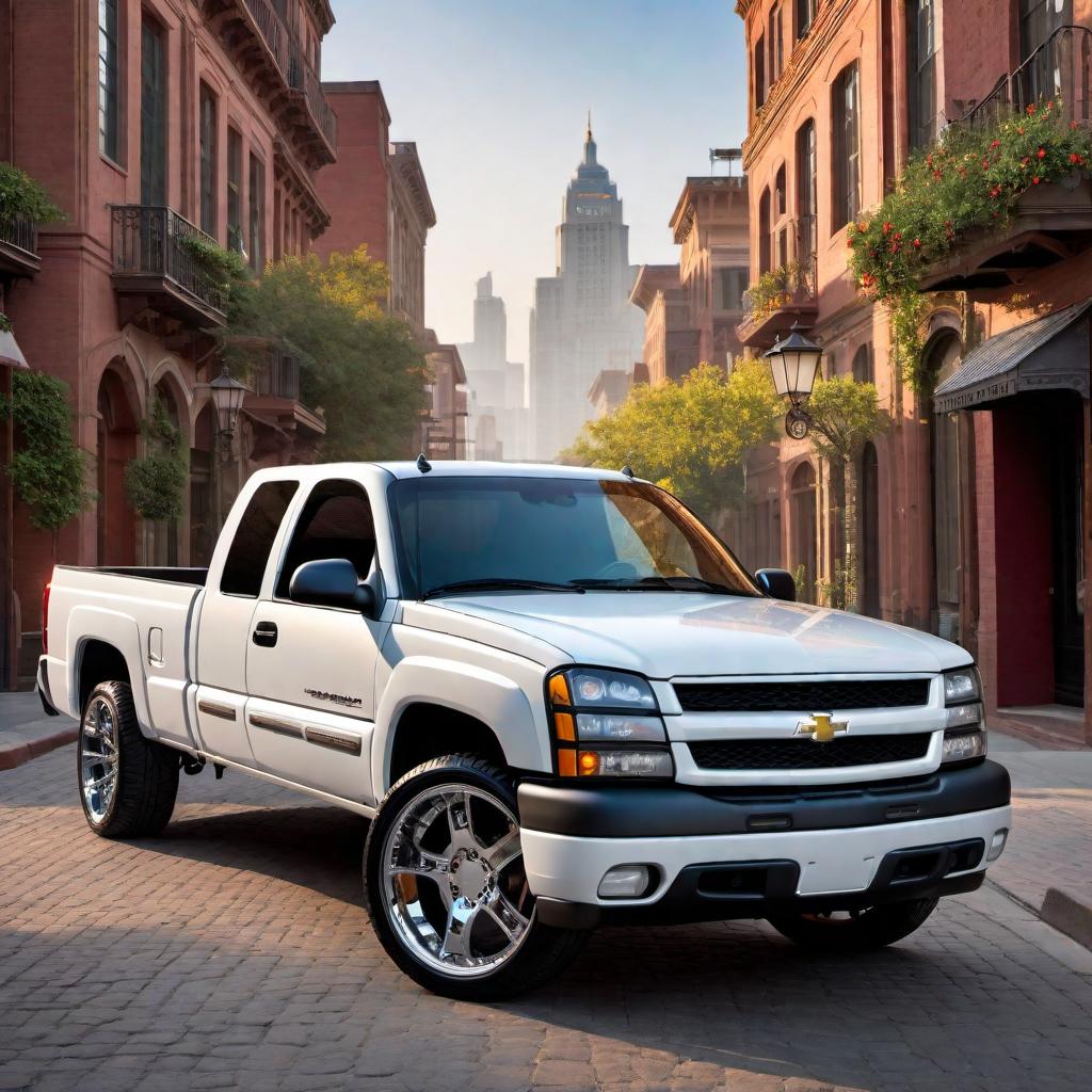  2005 White Chevrolet Silverado SS extra cab. Highlight the robust design, detailed headlights, front grille, and sporty wheels. Place the truck in a scenic background with good lighting to showcase its features. hyperrealistic, full body, detailed clothing, highly detailed, cinematic lighting, stunningly beautiful, intricate, sharp focus, f/1. 8, 85mm, (centered image composition), (professionally color graded), ((bright soft diffused light)), volumetric fog, trending on instagram, trending on tumblr, HDR 4K, 8K