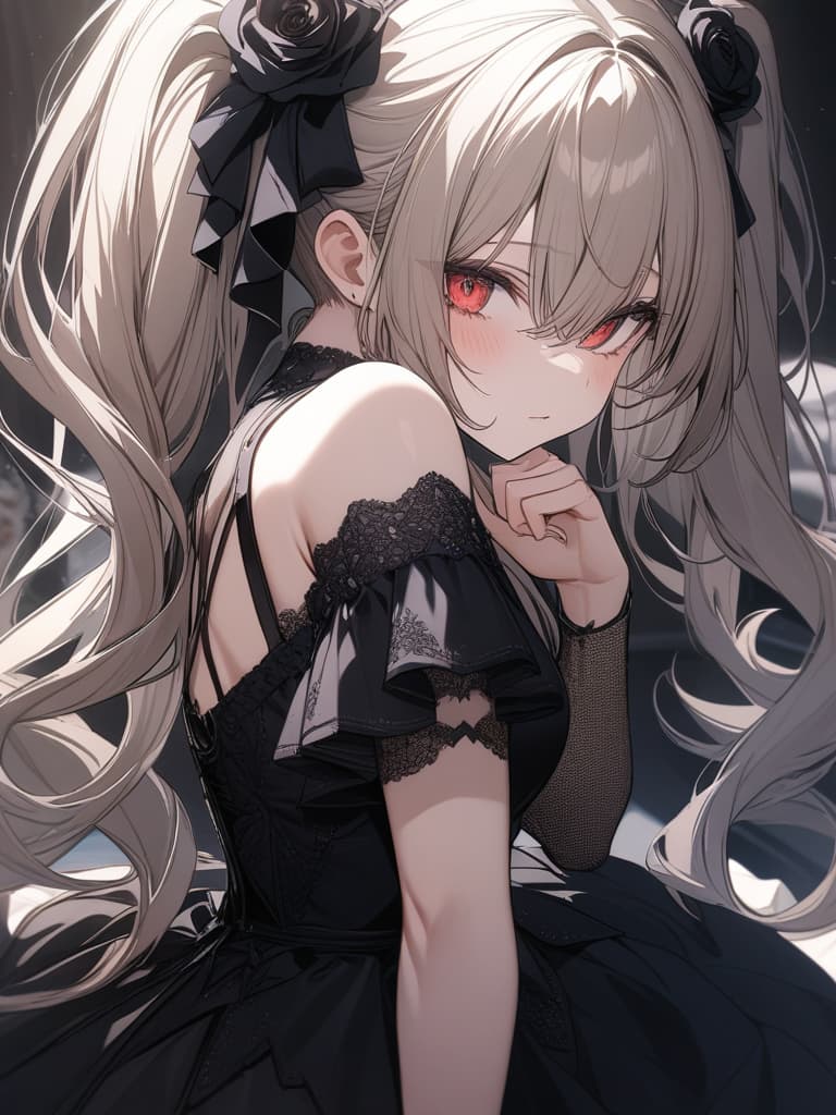  Hair colored beige, black gothic fashion, twin tails, long hair, rose motifs, eyes are red, head to chest, masterpiece, best quality,8k,ultra detailed,high resolution,an extremely delicate and beautiful,hyper detail