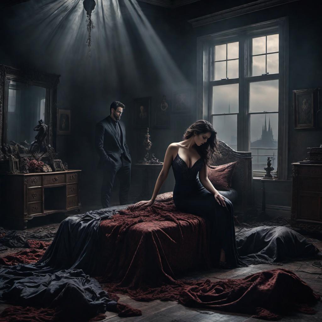  A surreal and dark depiction of personal demons representing PTSD and the emotional turmoil of dealing with a cheating wife. The image should include abstract, shadowy figures or monstrous forms to represent the demons of PTSD, with dark, stormy colors. In the background, there could be a fragmented and distorted image of a woman to symbolize the cheating wife. The overall mood should be chaotic and emotionally charged, evoking feelings of distress, betrayal, and inner conflict. hyperrealistic, full body, detailed clothing, highly detailed, cinematic lighting, stunningly beautiful, intricate, sharp focus, f/1. 8, 85mm, (centered image composition), (professionally color graded), ((bright soft diffused light)), volumetric fog, trending on instagram, trending on tumblr, HDR 4K, 8K