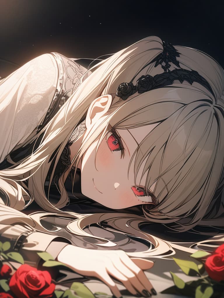  Hair colored beige, black gothic fashion, twin tails, long hair, roses are motifs, eyes are red, smiles, lying down, masterpiece, best quality,8k,ultra detailed,high resolution,an extremely delicate and beautiful,hyper detail