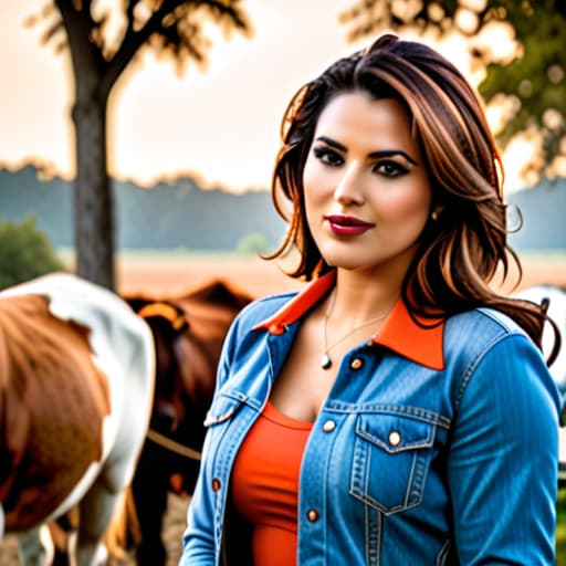  Chubby USA girl in wearing Cowboy clothes portrait at farm, bulls in Background, Tractor in background, Clean face details hyperrealistic, full body, detailed clothing, highly detailed, cinematic lighting, stunningly beautiful, intricate, sharp focus, f/1. 8, 85mm, (centered image composition), (professionally color graded), ((bright soft diffused light)), volumetric fog, trending on instagram, trending on tumblr, HDR 4K, 8K