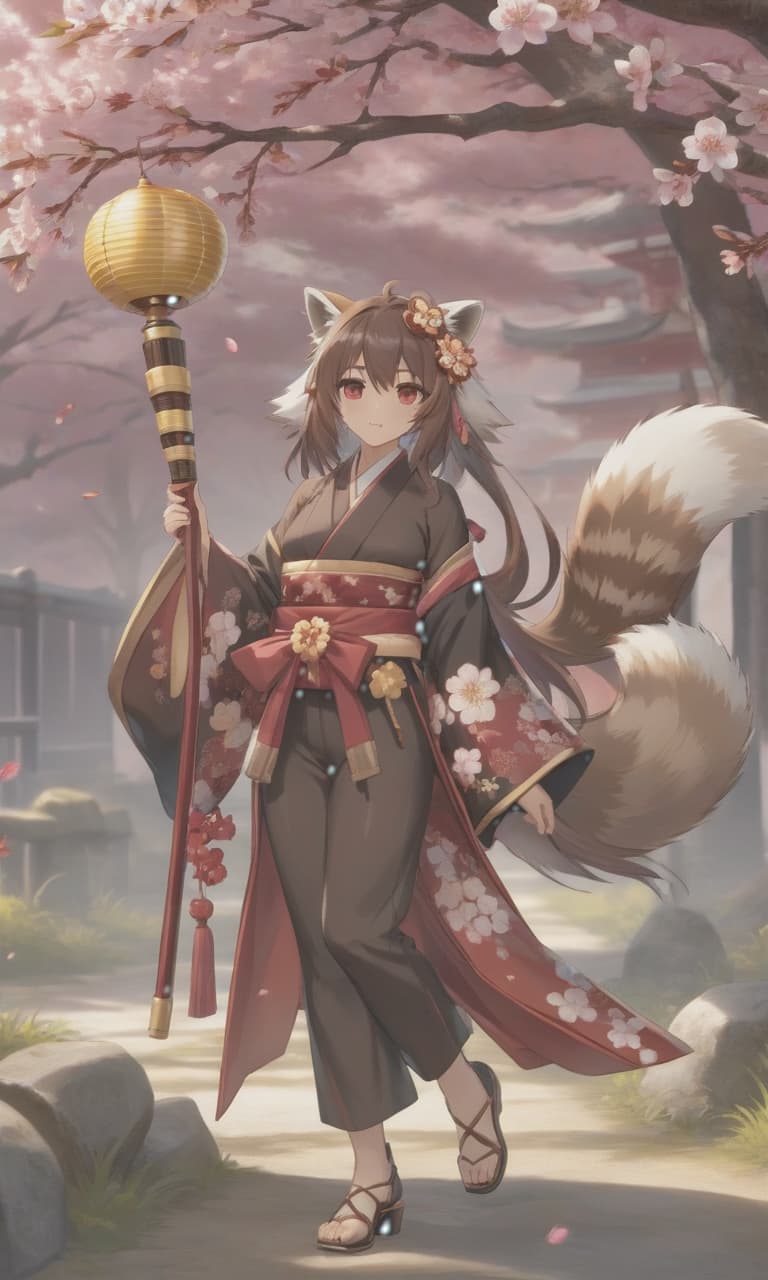  A tall girl. Long hair of chocolate color, red tips. Red eyes. On her head, raccoon ears and tail of chocolate color. Wearing a short kimono. The kimono is burgundy, with black and gold inserts and open shoulders. Wearing golden accessories. Traditional Japanese footwear on her feet. In her hands, a long spear with a cherry blossom adorned tip. She stands upright. Style: Genshin Impact. hyperrealistic, full body, detailed clothing, highly detailed, cinematic lighting, stunningly beautiful, intricate, sharp focus, f/1. 8, 85mm, (centered image composition), (professionally color graded), ((bright soft diffused light)), volumetric fog, trending on instagram, trending on tumblr, HDR 4K, 8K