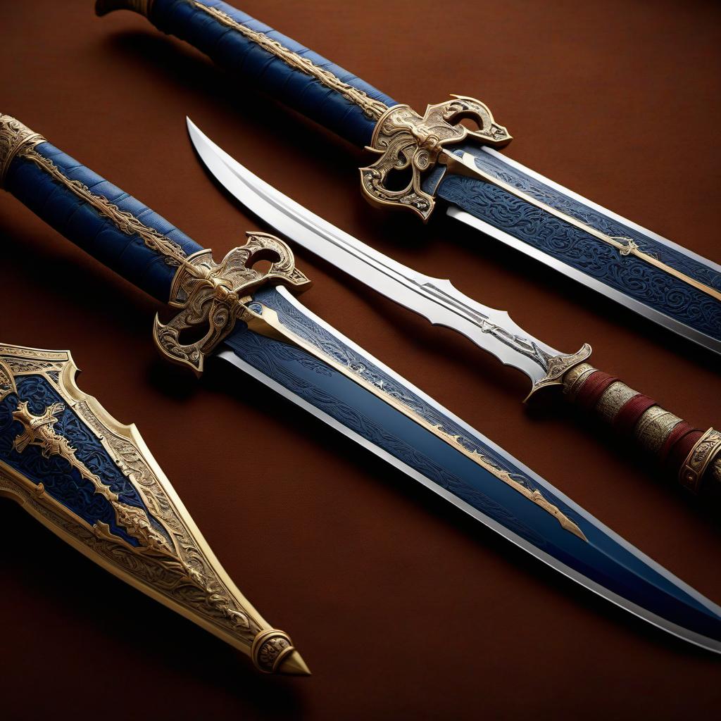  hyperrealistic art A single set, one semi long sword made of golden like metal, resembling bronze, and two knives of different sizes. The knives are made of the same metal as the sword. The sheaths of these knives are made of some dark blue leather and decorated with runes of the same golden color. They are connected to the scabbard of the sword with a few straps. Each of the blades is a rich item. . extremely high resolution details, photographic, realism pushed to extreme, fine texture, incredibly lifelike, hkmagic hyperrealistic, full body, detailed clothing, highly detailed, cinematic lighting, stunningly beautiful, intricate, sharp focus, f/1. 8, 85mm, (centered image composition), (professionally color graded), ((bright soft diffused light)), volumetric fog, trending on instagram, trending on tumblr, HDR 4K, 8K