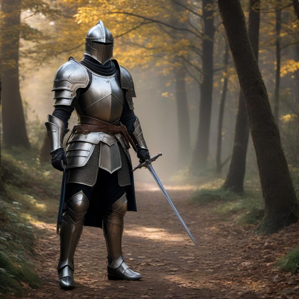  Armored knight, as a game card, dark fantasy, hkmagic hyperrealistic, full body, detailed clothing, highly detailed, cinematic lighting, stunningly beautiful, intricate, sharp focus, f/1. 8, 85mm, (centered image composition), (professionally color graded), ((bright soft diffused light)), volumetric fog, trending on instagram, trending on tumblr, HDR 4K, 8K