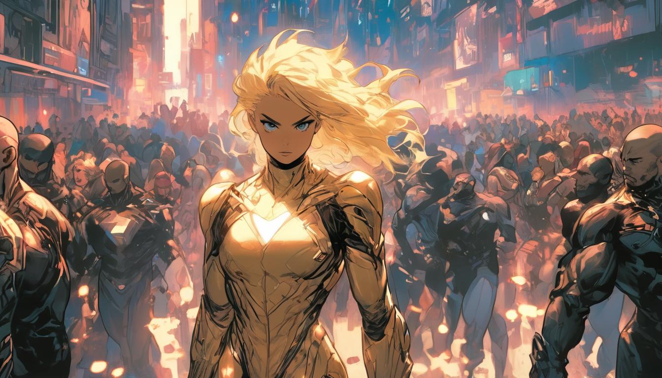  hyperrealism,fantasy aesthetic1woman, large busted attractive blonde arian female humanoid, standing on a stage, calm demeanor, crowd looking inspired, mood of uplifting presence, high tech clothing clad in sleek, futuristic costume with metallic accents and form fitting designs, marvel superhero comics style, unreal engine rendering