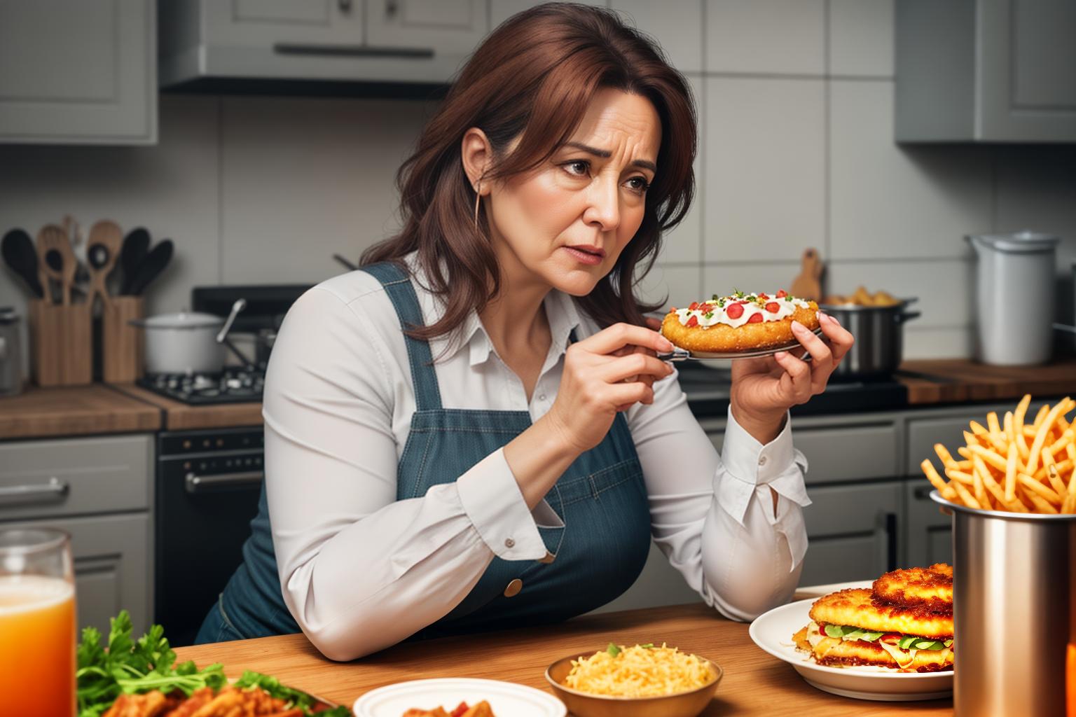  "Realistic close up of a middle aged woman (female) with a worried expression, sitting at a kitchen table. The table has five distinct foods known to cause dementia: processed meats, sugary snacks, fried foods, refined carbs, and high fat dairy products. The background is a simple, clean kitchen setting, slightly blurred to keep the focus on the woman and the foods. The lighting is natural, highlighting the textures and details of the foods and the woman's concerned face. The overall mood is serious and informative, with a clear emphasis on the potential dangers of these foods." Ensure no face,leg,hand or eye defomities.Ensure all images are clear, detailed, contains no text and no deformities. realistic, highly detailed, photorealistic, ci hyperrealistic, full body, detailed clothing, highly detailed, cinematic lighting, stunningly beautiful, intricate, sharp focus, f/1. 8, 85mm, (centered image composition), (professionally color graded), ((bright soft diffused light)), volumetric fog, trending on instagram, trending on tumblr, HDR 4K, 8K