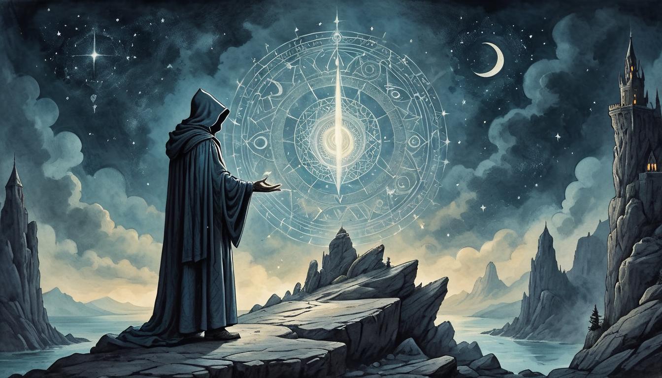  on parchment, surrealism+++, Mysterious hooded figure, sparks of light around hands, standing on rocky outcrop, moonlit sky, sense of power and authenticity, sacred geometry patterns(mysterious, provocative, symbolic,muted color)+++