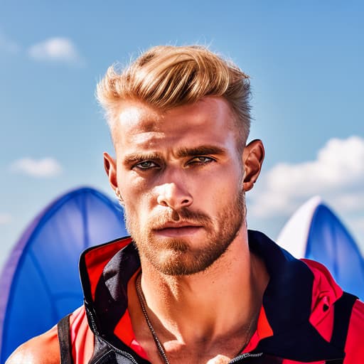 portrait+ style Russian queer fitness model blonde hunk dilf dude face