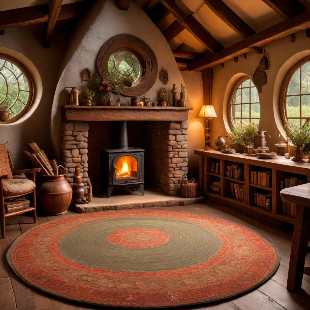  A detailed and cozy interior of a Hobbit house. The room features rustic wooden furniture, a round door, and windows, with natural light streaming in. The walls are adorned with shelves holding books, trinkets, and old maps. There’s a large wooden table set for tea with ceramic cups and a kettle, surrounded by comfortable chairs. The floor is covered with a warm, woven rug, and a fireplace crackles in the background, giving the room a warm, inviting glow. The overall style is quaint and fantastical, with elements of nature subtly incorporated throughout the design. hyperrealistic, full body, detailed clothing, highly detailed, cinematic lighting, stunningly beautiful, intricate, sharp focus, f/1. 8, 85mm, (centered image composition), (professionally color graded), ((bright soft diffused light)), volumetric fog, trending on instagram, trending on tumblr, HDR 4K, 8K