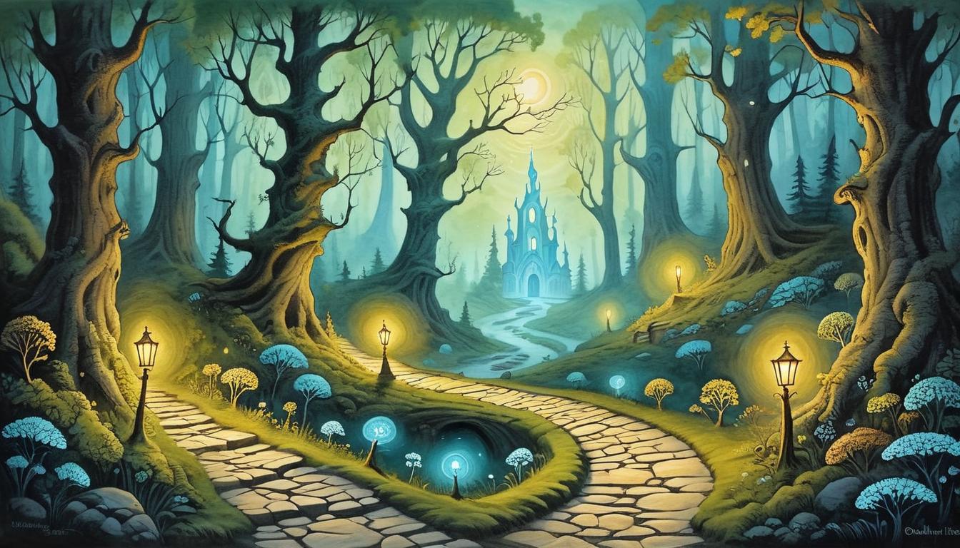  on parchment, surrealism+++, A winding path illuminated by glowing stones, leading through an ancient forest, path lined with luminous trees, serene, divinely guided(mysterious, provocative, symbolic,muted color)+++