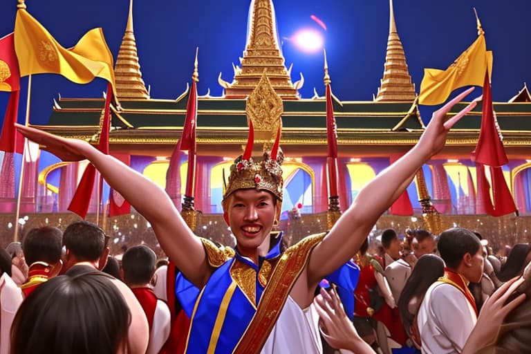  Party at the palace, celebrating victory outside Thai palace in the night sooooo many people There are warriors Look at the picture from a distant perspective.