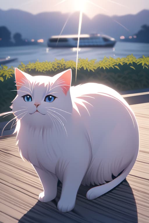  A cat, Personification, blue ferry, cute, big eyes, very happy, hyperrealistic, full body, detailed clothing, highly detailed, cinematic lighting, stunningly beautiful, intricate, sharp focus, f/1. 8, 85mm, (centered image composition), (professionally color graded), ((bright soft diffused light)), volumetric fog, trending on instagram, trending on tumblr, HDR 4K, 8K