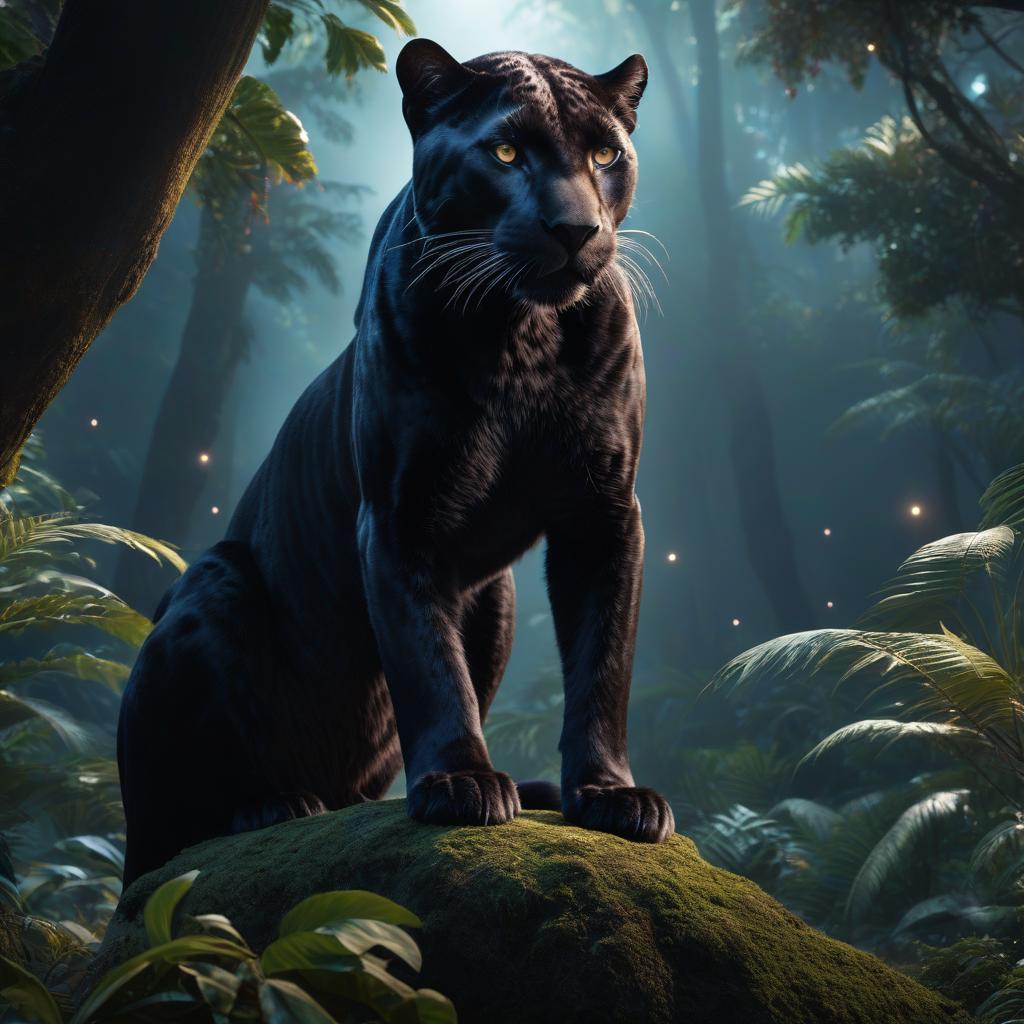  space themed Cartoon, a panther from Kipling's Jungle Book. . cosmic, celestial, stars, galaxies, nebulas, planets, science fiction, highly detailed hyperrealistic, full body, detailed clothing, highly detailed, cinematic lighting, stunningly beautiful, intricate, sharp focus, f/1. 8, 85mm, (centered image composition), (professionally color graded), ((bright soft diffused light)), volumetric fog, trending on instagram, trending on tumblr, HDR 4K, 8K