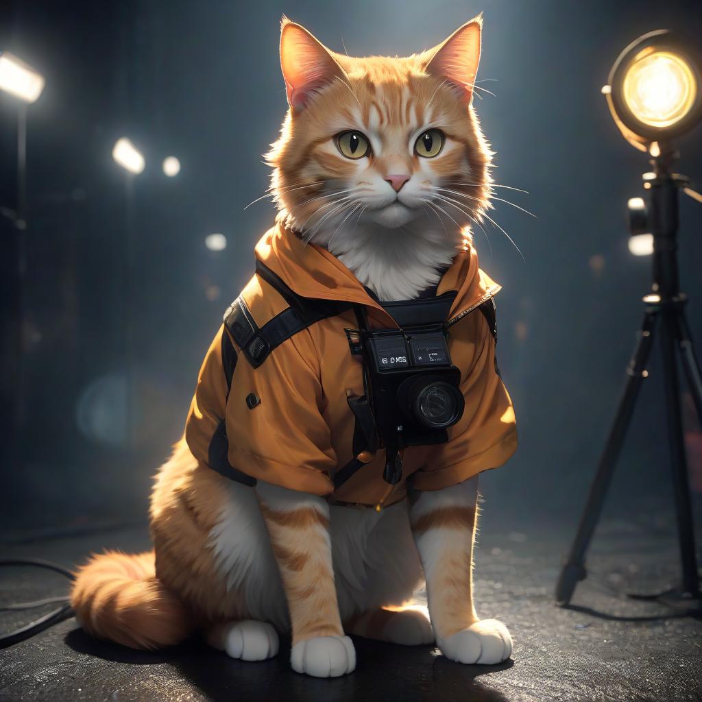  anime artwork A ginger cat with black spots, holding a flashlight, the background is dark. . anime style, key visual, vibrant, studio anime, highly detailed hyperrealistic, full body, detailed clothing, highly detailed, cinematic lighting, stunningly beautiful, intricate, sharp focus, f/1. 8, 85mm, (centered image composition), (professionally color graded), ((bright soft diffused light)), volumetric fog, trending on instagram, trending on tumblr, HDR 4K, 8K