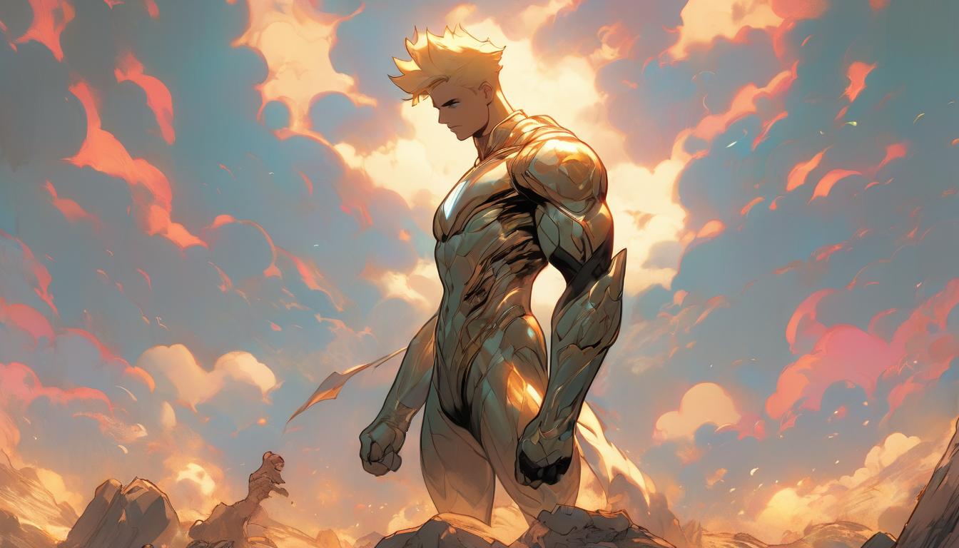  hyperrealism,fantasy aesthetic1man, blonde arian, standing firm on a hilltop, hand on heart, another raised in respect, cosmic waves around, honoring, high tech clothing clad in sleek, futuristic costume with metallic accents and form fitting designs, marvel superhero comics style, unreal engine rendering