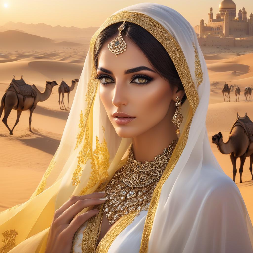  A woman with intricate jewelry and a colorful veil gazes intently, as a caravan of camels traverses a desert with a sunset behind. masterpiece.(Desert + dunes).(the main background is a yellow orange gradient).(The Sheikh's castle is in the background).(In the foreground on the right is a caravan of camels + Arabs).(In the foreground on the left is a beautiful Iranian woman with beautiful black eyes).(The Iranian woman is wearing beautiful clothes + expensive jewelry) (The Iranian woman has an openwork veil on her face, she holds it with her hand). (The most beautiful photo in the world.) hyperrealistic, full body, detailed clothing, highly detailed, cinematic lighting, stunningly beautiful, intricate, sharp focus, f/1. 8, 85mm, (centered image composition), (professionally color graded), ((bright soft diffused light)), volumetric fog, trending on instagram, trending on tumblr, HDR 4K, 8K