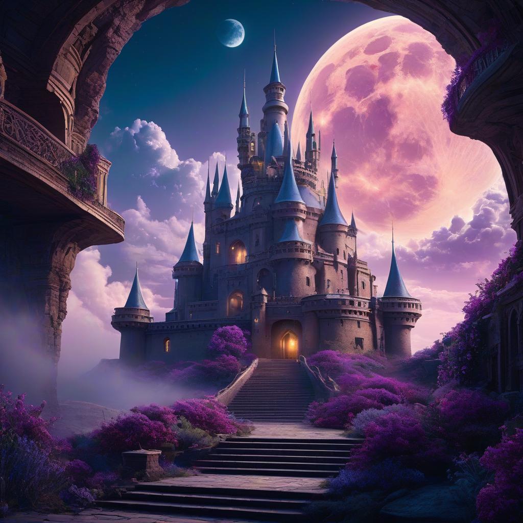  A fantastic fairy tale castle. New technology. Desert. Oasis. There's a sea around. Golden smoke. Sunnyside Attics. The heavenly halls. Sky. Stairway in the sky. Clouds. A masterpiece. Bird. Nightingale. Background: surrealistically abstract. Сanary. Flying saucer. Space, fantasy. Purple, blue, silver colors. Moon. hyperrealistic, full body, detailed clothing, highly detailed, cinematic lighting, stunningly beautiful, intricate, sharp focus, f/1. 8, 85mm, (centered image composition), (professionally color graded), ((bright soft diffused light)), volumetric fog, trending on instagram, trending on tumblr, HDR 4K, 8K