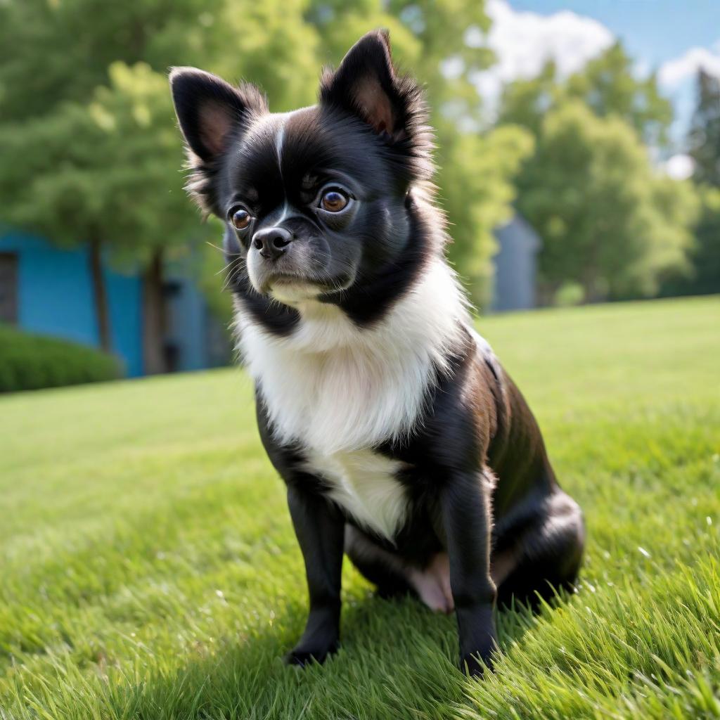  A small black Pomeranian mixed with Boston Terrier, featuring the fluffy fur and pointed ears of a Pomeranian with the face and build resembling a Boston Terrier. The dog has a cheerful expression and is sitting on a green grassy field with a bright blue sky in the background. It has smaller black paws and white fur under its neck. hyperrealistic, full body, detailed clothing, highly detailed, cinematic lighting, stunningly beautiful, intricate, sharp focus, f/1. 8, 85mm, (centered image composition), (professionally color graded), ((bright soft diffused light)), volumetric fog, trending on instagram, trending on tumblr, HDR 4K, 8K