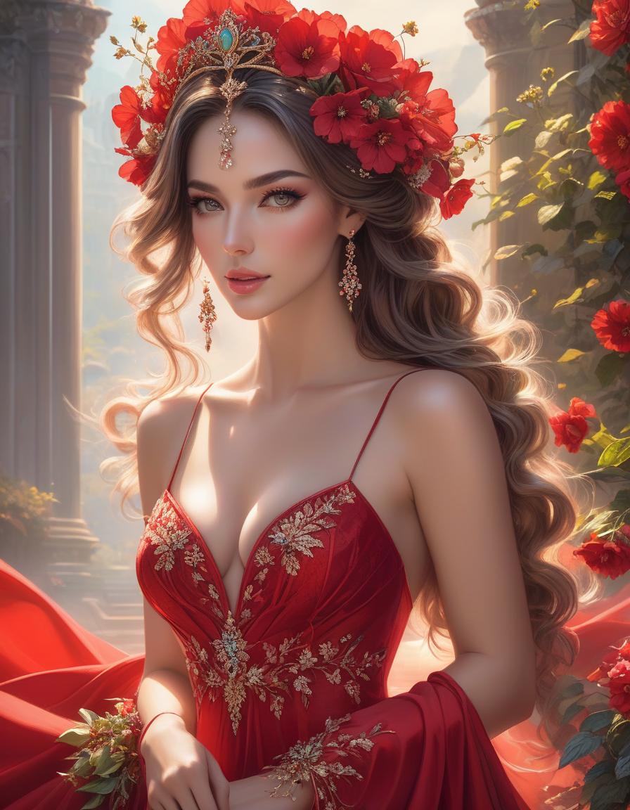  A stunning woman in a vibrant red dress adorned with delicate flowers in her hair, crowned with a regal red tiara, exuding elegance and grace inspired by Magali Villeneuve, fantasy art, karol bak uhd, artgerm, high detailed hyperrealistic, full body, detailed clothing, highly detailed, cinematic lighting, stunningly beautiful, intricate, sharp focus, f/1. 8, 85mm, (centered image composition), (professionally color graded), ((bright soft diffused light)), volumetric fog, trending on instagram, trending on tumblr, HDR 4K, 8K