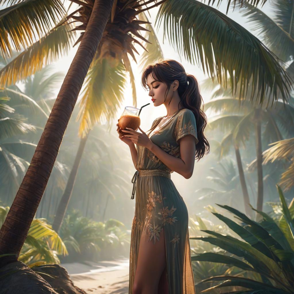  a woman stands tall, leans against a palm tree and drinks from a coconut hyperrealistic, full body, detailed clothing, highly detailed, cinematic lighting, stunningly beautiful, intricate, sharp focus, f/1. 8, 85mm, (centered image composition), (professionally color graded), ((bright soft diffused light)), volumetric fog, trending on instagram, trending on tumblr, HDR 4K, 8K