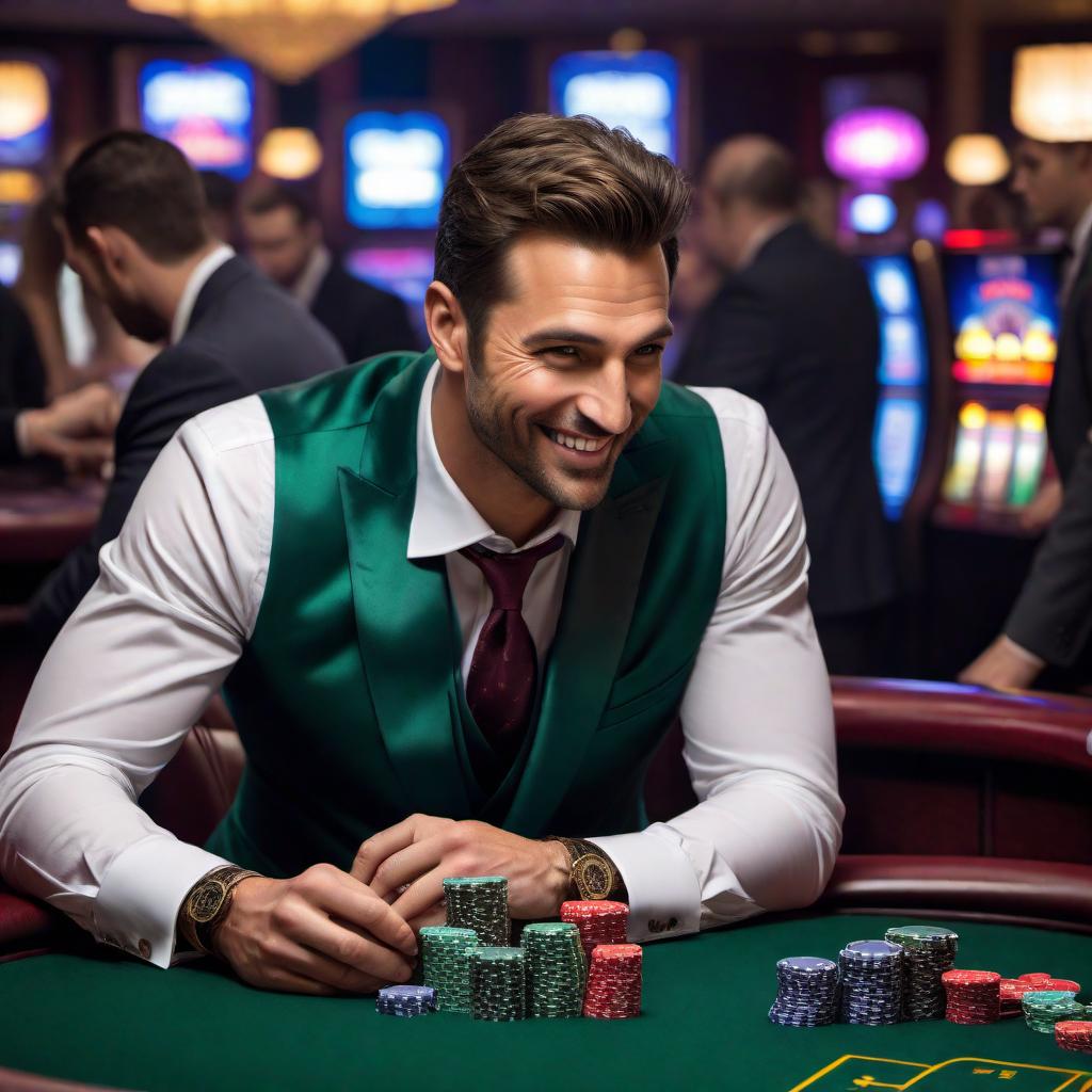  A lively poker table in a casino setting, with rich dark green felt. In the center of the scene, there's a man in his mid-30s, wearing a stylish suit and tie. He has a confident smile on his face as he just revealed a royal flush in his hand (Ace, King, Queen, Jack, Ten of the same suit). The man is stacking a large pile of poker chips in front of him triumphantly. Surrounding the table are other players with a mix of expressions, some stunned, some dejected, and others amused. The background features soft, ambient lighting, casino decor, and a hint of other tables and slot machines. hyperrealistic, full body, detailed clothing, highly detailed, cinematic lighting, stunningly beautiful, intricate, sharp focus, f/1. 8, 85mm, (centered image composition), (professionally color graded), ((bright soft diffused light)), volumetric fog, trending on instagram, trending on tumblr, HDR 4K, 8K