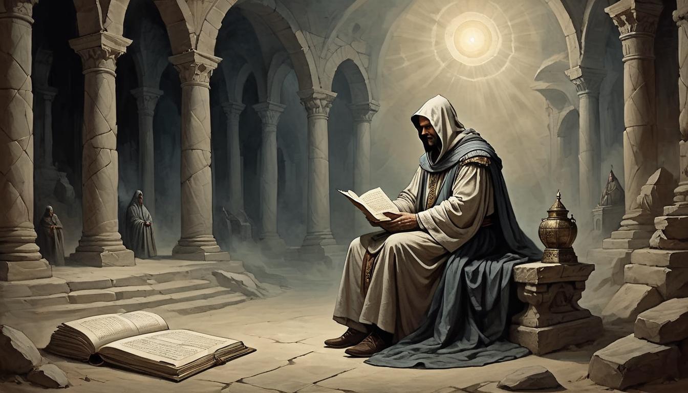  on parchment, surrealism+++, Isaiah, humble and downcast, sat in ancient robes, darkened surroundings with a faint divine light, pondering and humble(mysterious, provocative, symbolic,muted color)+++