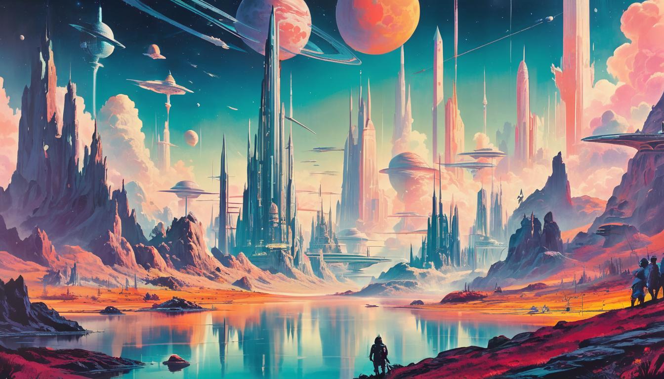  retro futuristic Dreamlike scene, otherworldly landscape, surreal imagery, sudden insight, cosmic inspiration, mystical dream lvintage sci fi, 50s and 60s style, atomic age, vibrant, highly detailed